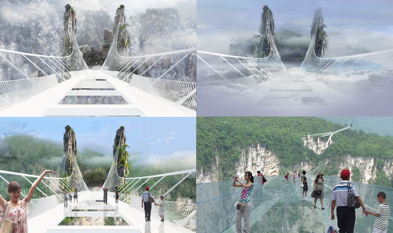На фото концепция моста над каньоном Чжанцзяцзе в Китае и гуляющих по нему людей.